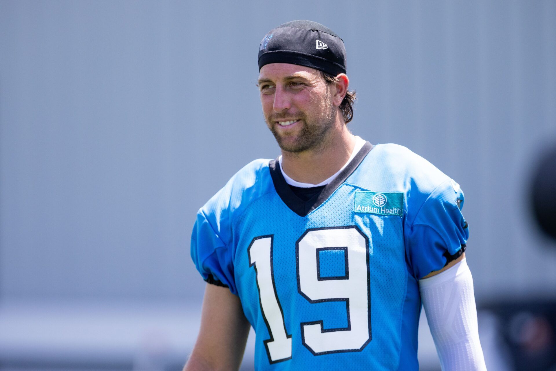 Carolina Panthers wide receiver Adam Thielen (19) walks off after practice at training camp.