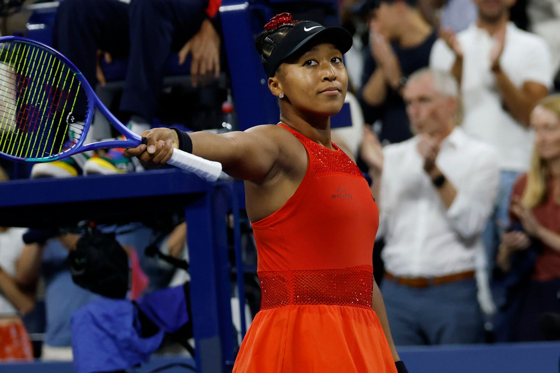 Naomi Osaka (JPN) celebrates after her match against Greet Minnen (BEL) (not pictured) on day three of the 2025 US Open tennis tournament at Billie Jean King USTA National Tennis Center.