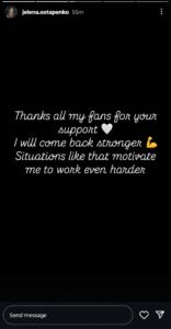 Ostapenko thanking her fans on her Instagram story