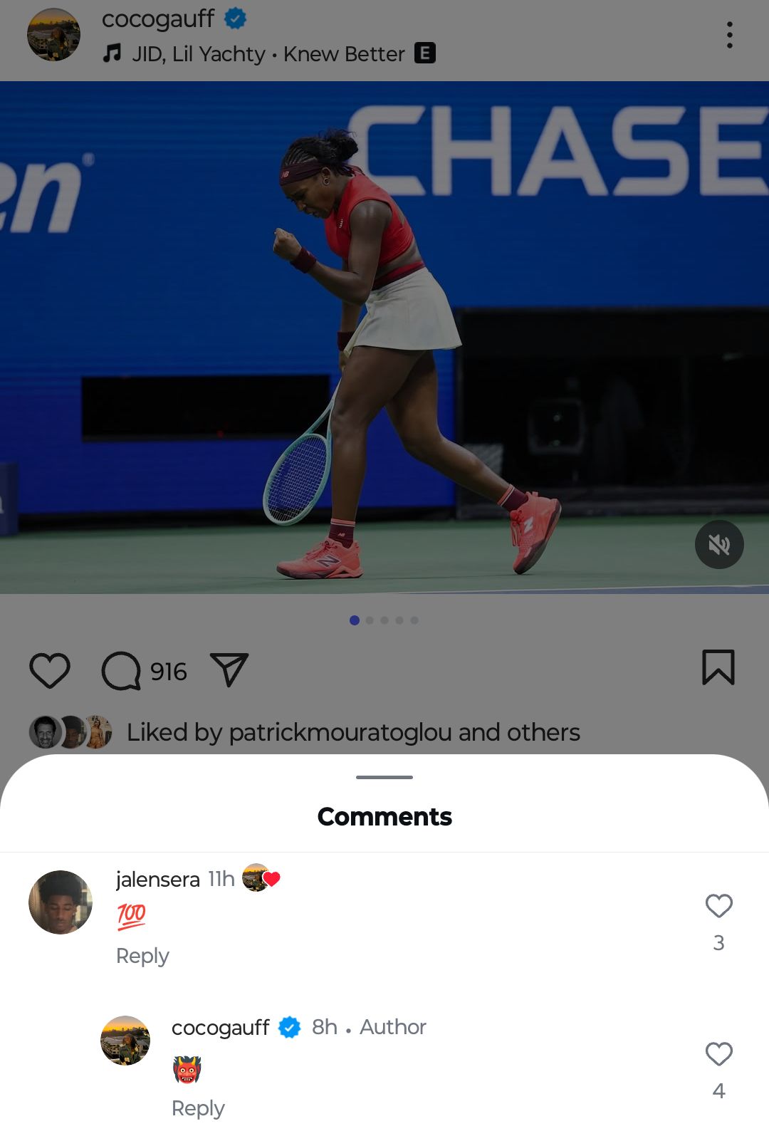 Screen grab of Coco Gauff and her boyfriend Jalen Sera's Instagram comments