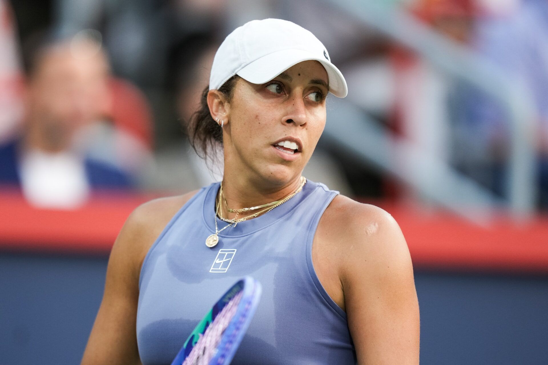 Madison Keys (USA) looks on against Clara Tauson (DEN) in quarterfinal play at IGA Stadium.
