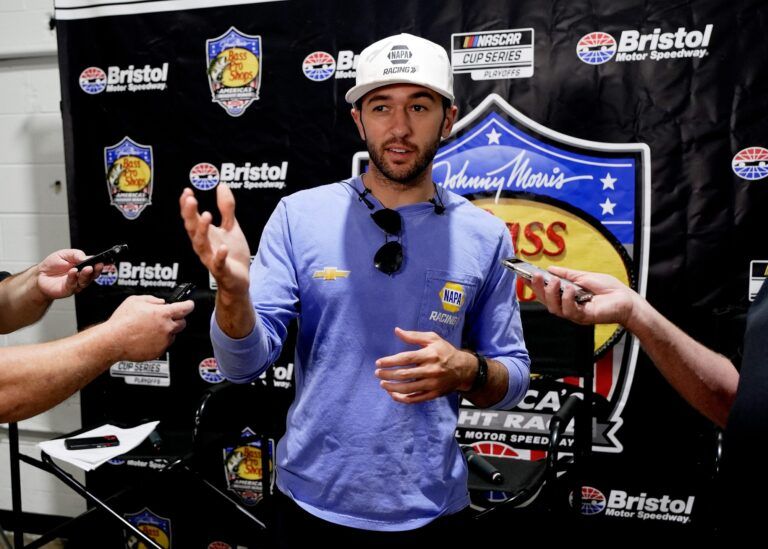 NASCAR Cup Series driver Chase Elliott speaks with members of the media at the K1 Speed indoor kart racing facility Tuesday, Aug. 19, 2025, in Nashville, Tenn.