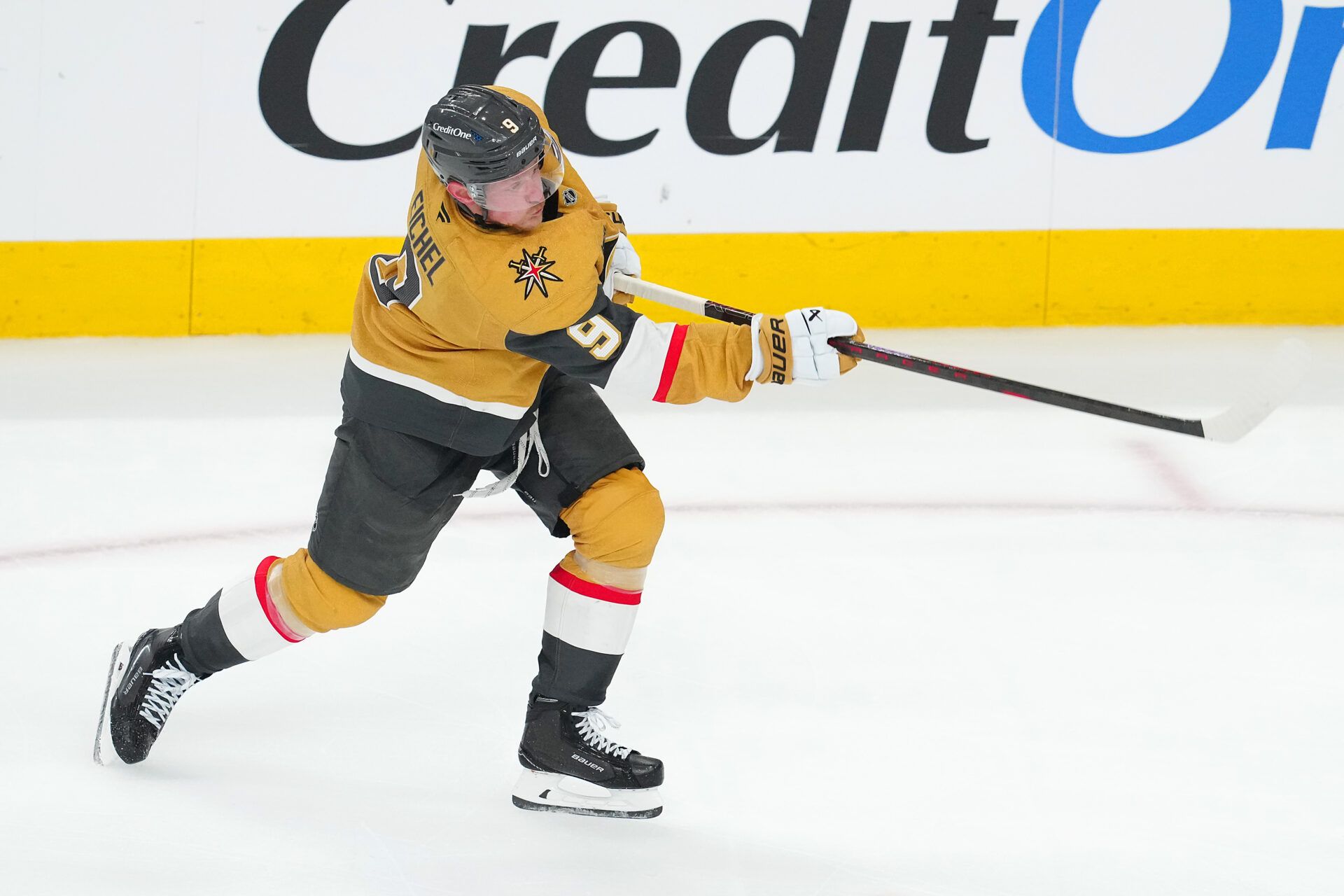 Vegas Golden Knights center Jack Eichel (9) shoots against the Edmonton Oilers during the third period of game one of the second round of the 2025 Stanley Cup Playoffs at T-Mobile Arena.