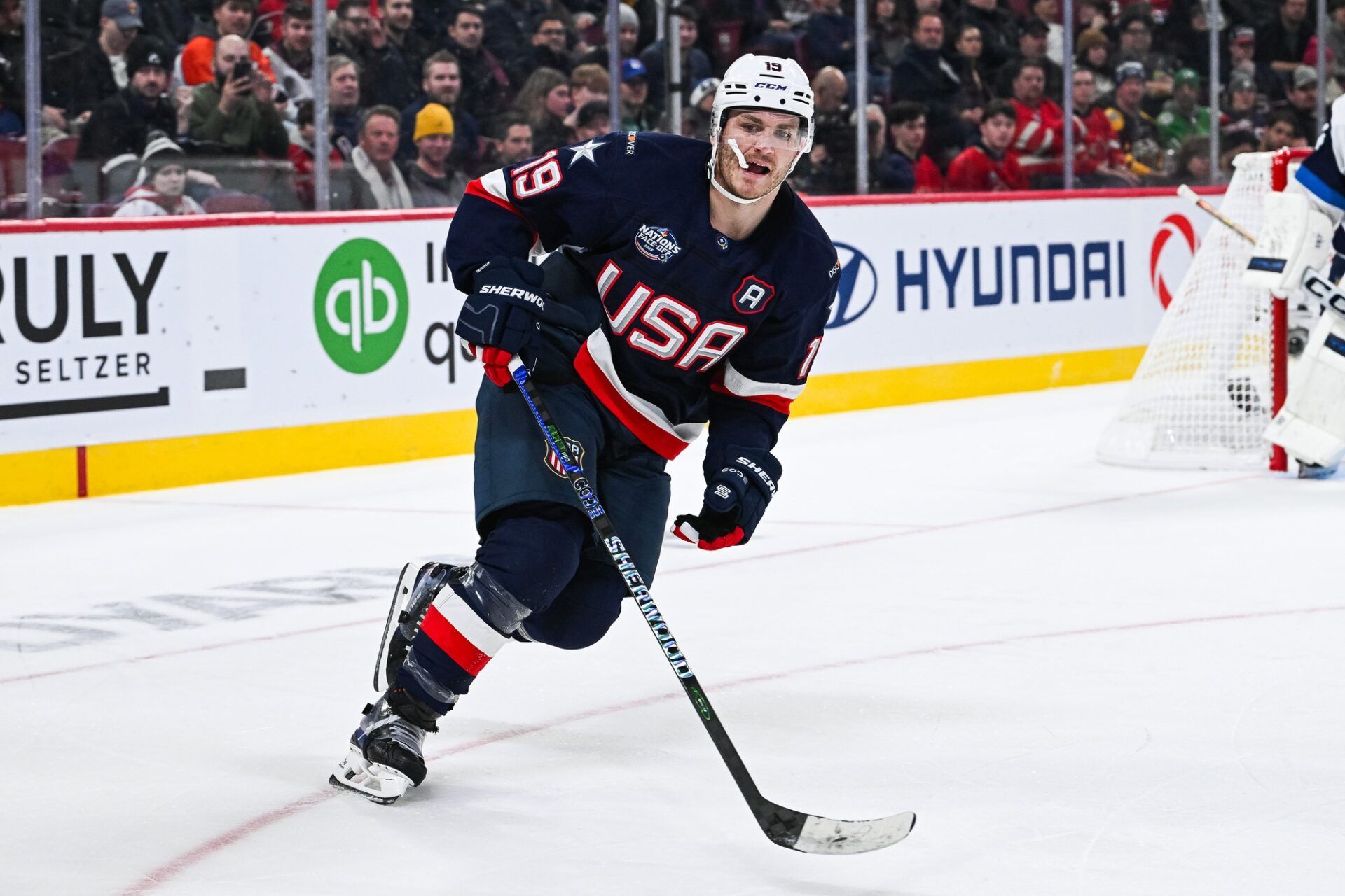 [Imagn Images direct customers only] Team USA forward Matthew Tkachuk (19) skates against Team Finland in the third period during a 4 Nations Face-Off ice hockey game at Bell Centre.