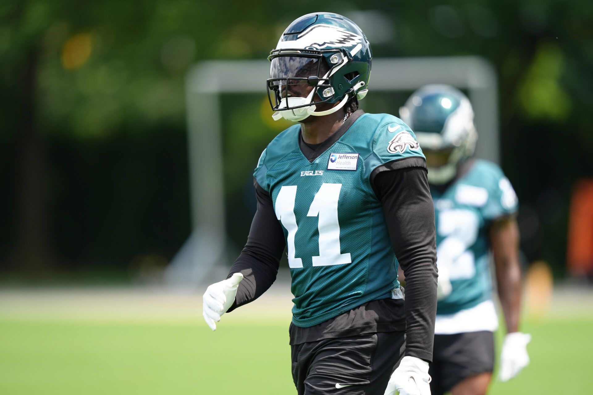 Philadelphia Eagles wide receiver A.J. Brown (11) looks on during a practice drill at NovaCare Complex.