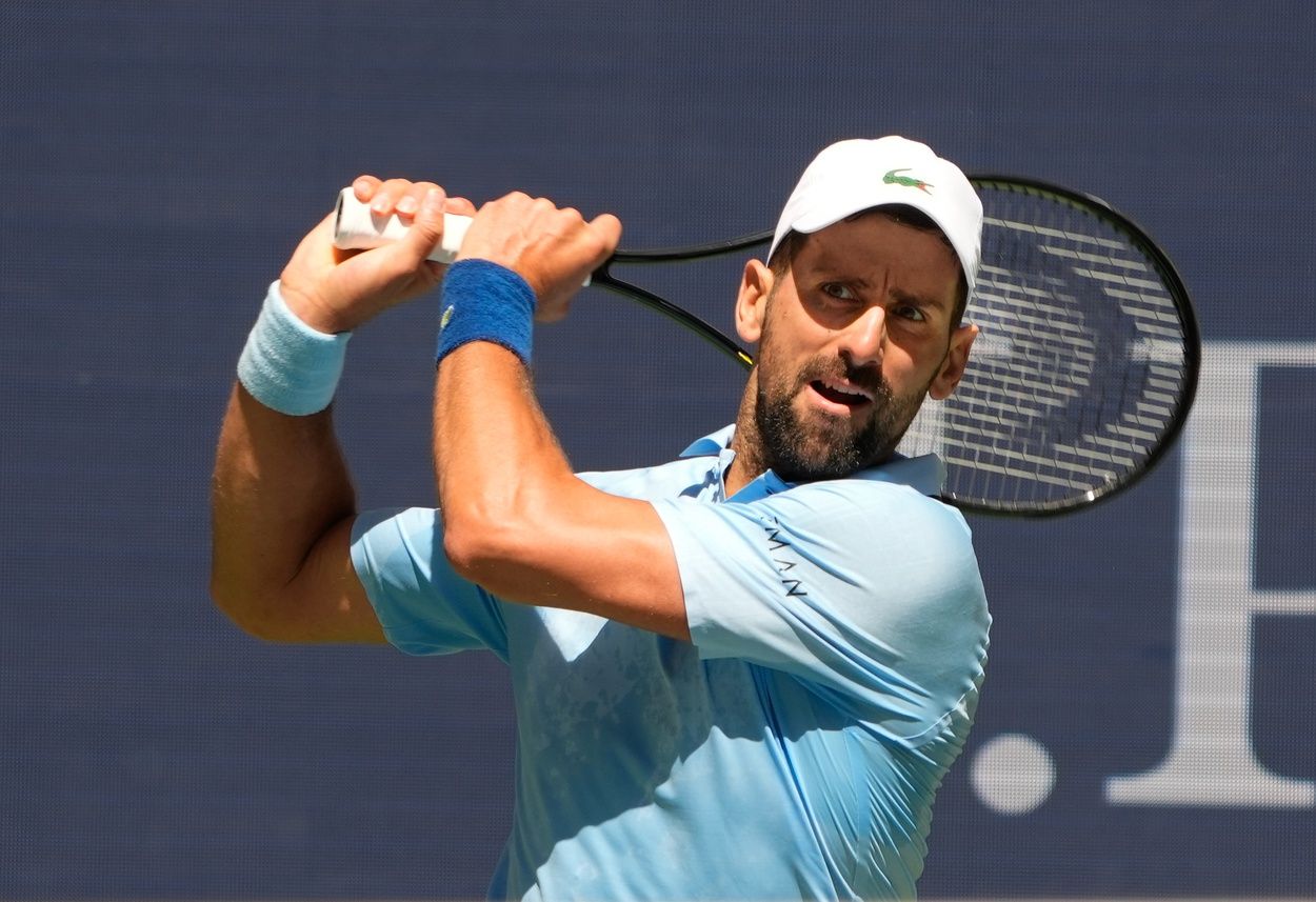 Novak Djokovic (SRB) hits to Zachary Svajda (USA) (not pictured) on day four of the 2025 U.S. Open tennis tournament at the USTA Billie Jean King National Tennis Center.