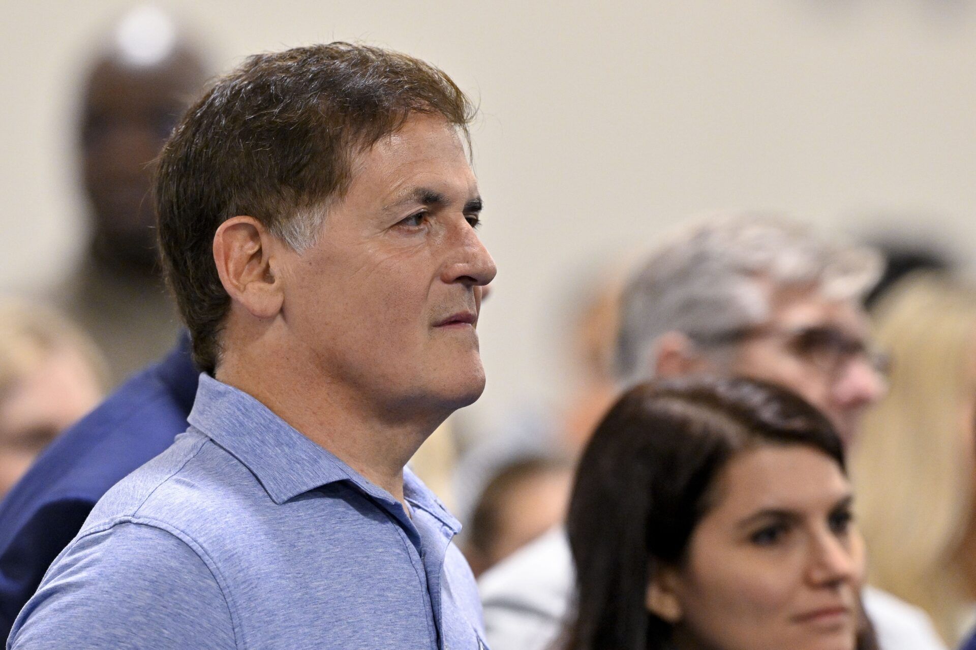 Dallas Mavericks minority owner Mark Cuban looks on a press conference at the Dallas Mavericks Practice Facility.