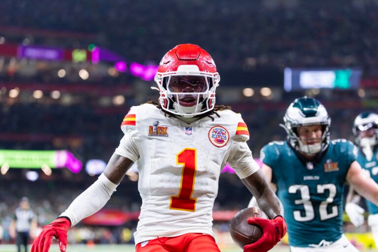 Kansas City Chiefs wide receiver Xavier Worthy (1) against the Philadelphia Eagles in Super Bowl LIX at Ceasars Superdome.