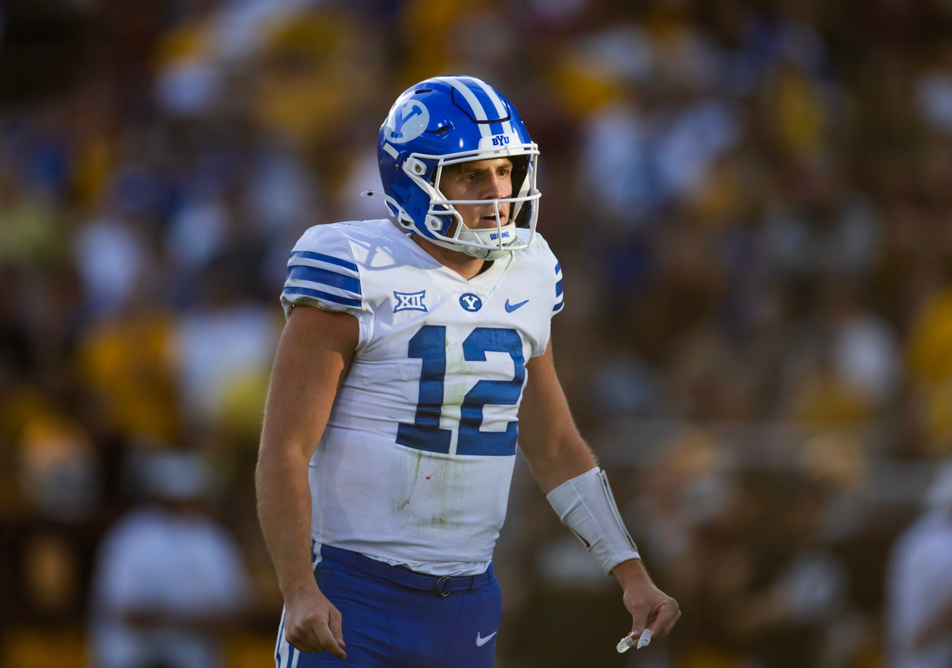 Brigham Young Cougars quarterback Jake Retzlaff (12) against the Arizona State Sun Devils at Mountain America Stadium.