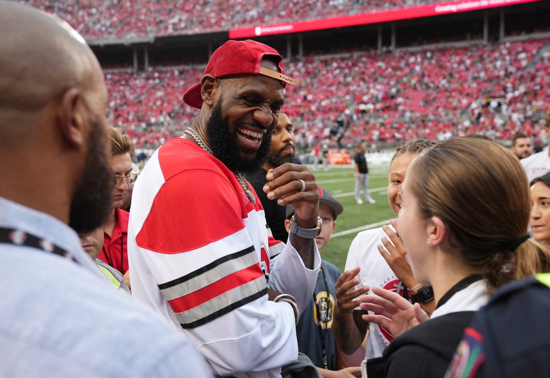 LeBron James talks to fans prior to the NCAA football game between the Ohio State Buckeyes and Notre Dame Fighting Irish at Ohio Stadium.