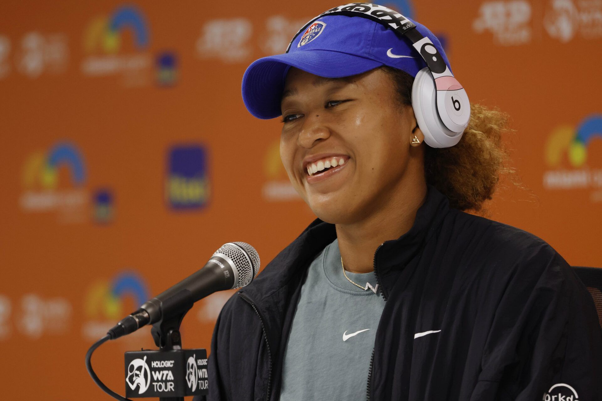 Naomi Osaka (JPN) speaks at a press conference after her match against Belinda Bencic (SUI)(not pictured) in a women's singles semifinal in the Miami Open at Hard Rock Stadium.