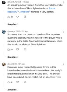 ‘Appalling Lack of Respect’ – Elena Rybakina’s Press Conference Being Flooded With Emma Raducanu Questions Infuriates Fans Screengrab of comments on Elena Rybakina's press conference video on YouTube