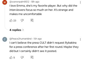 ‘Appalling Lack of Respect’ – Elena Rybakina’s Press Conference Being Flooded With Emma Raducanu Questions Infuriates Fans Screengrab of comments on Elena Rybakina's press conference video on YouTube