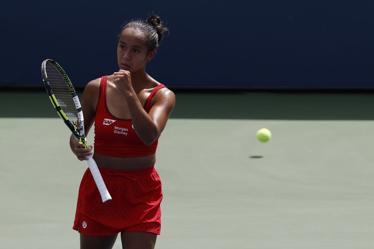 Leylah Fernandez (CAN) reacts after winning a point against Rebecca Marino (CAN)(not pictured) on day one of the 2025 US Open at USTA Billie Jean King National Tennis Center.
