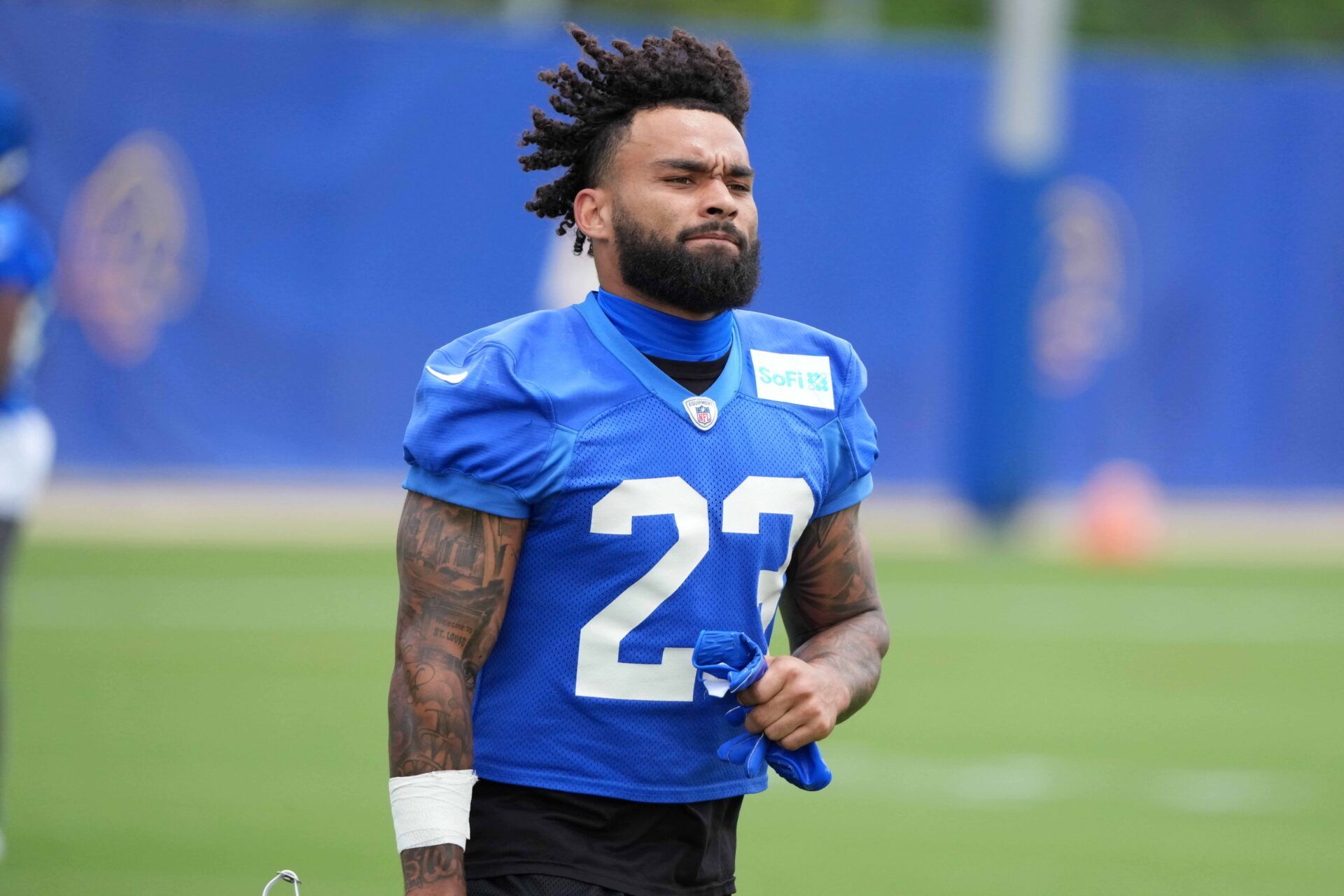 Los Angeles Rams running back Kyren Williams (23) during organized team activities at Rams Practice Facility.
