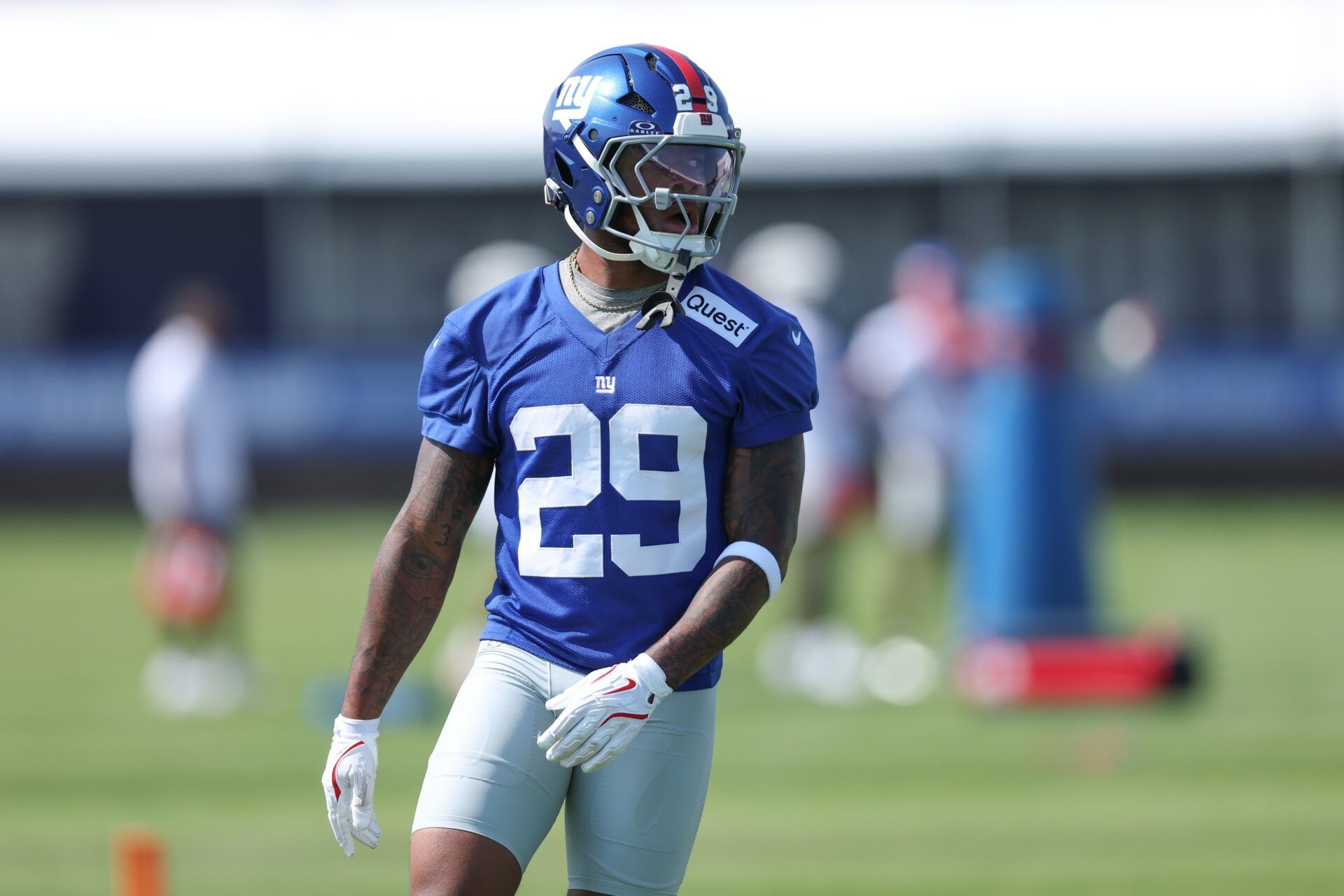 New York Giants running back Tyrone Tracy Jr. (29) on the field during training camp at Quest Diagnostics Training Center.