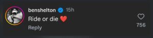 Ben Shelton's comment on Trinity Rodman's Instagram post