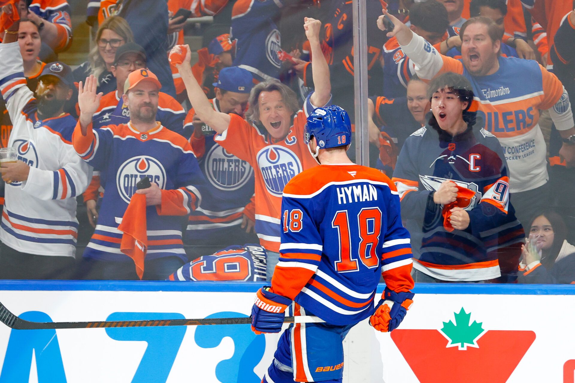 Edmonton Oilers left wing Zach Hyman (18) celebrates after he scores a goal against the Dallas Stars during the third period in game three of the Western Conference Final of the 2025 Stanley Cup Playoffs at Rogers Place.