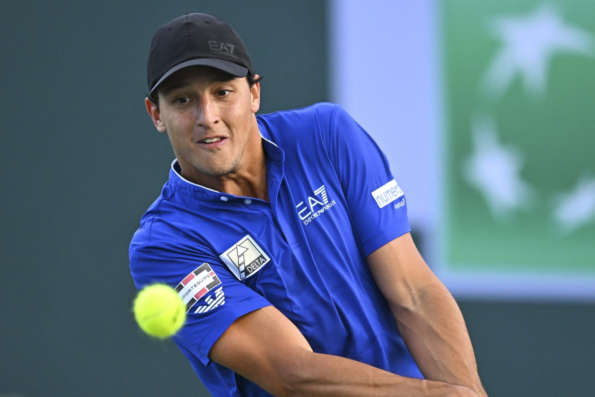 Indian Wells, CA, USA; Luciano Darderi (ITA) hits a ball against Hugo Gaston (FRA) in the BNP Paribas Open at the Indian Well Tennis Garden.