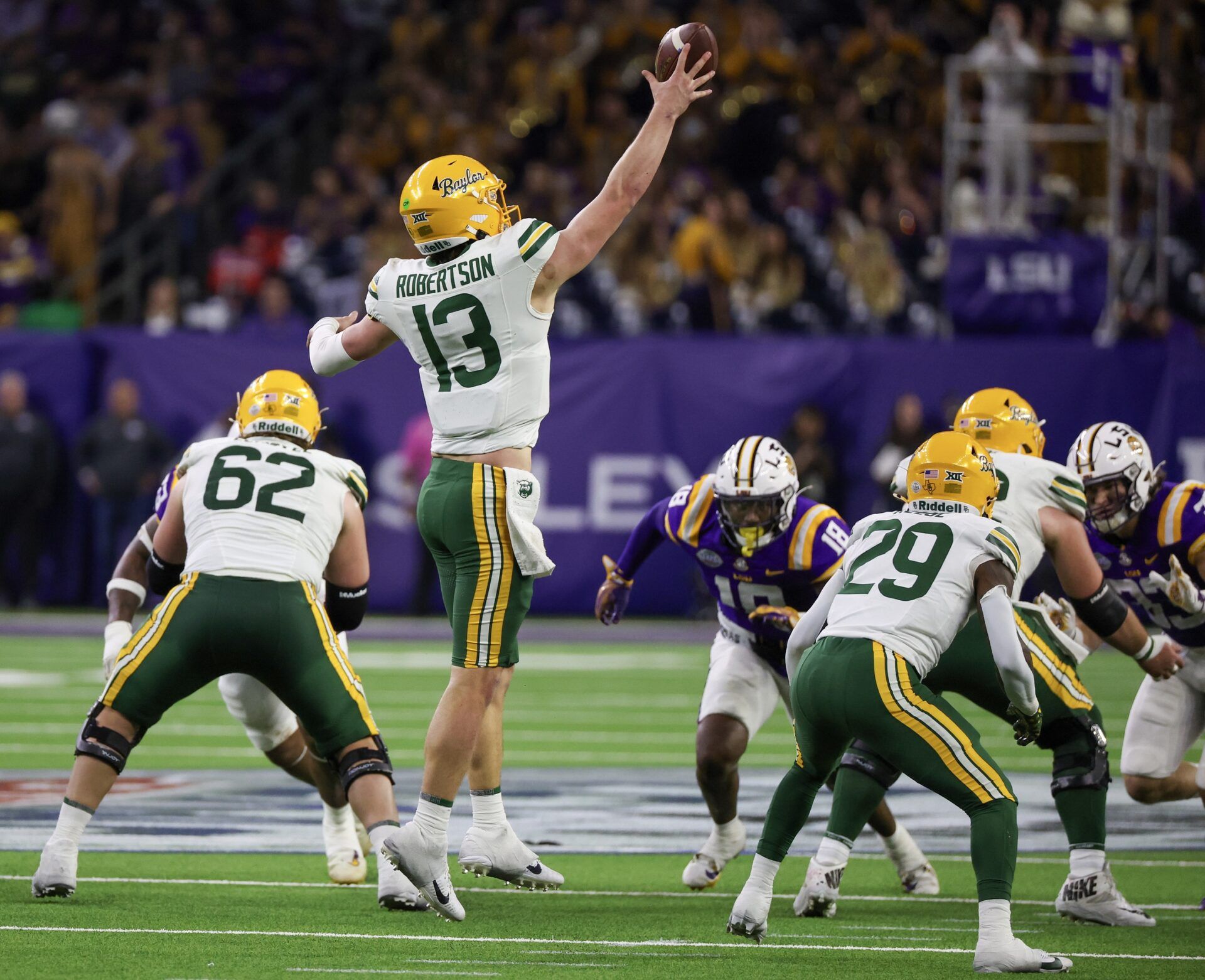 Baylor Bears quarterback Sawyer Robertson (13) reaches for a high snap against the LSU Tigers in the second half at NRG Stadium.