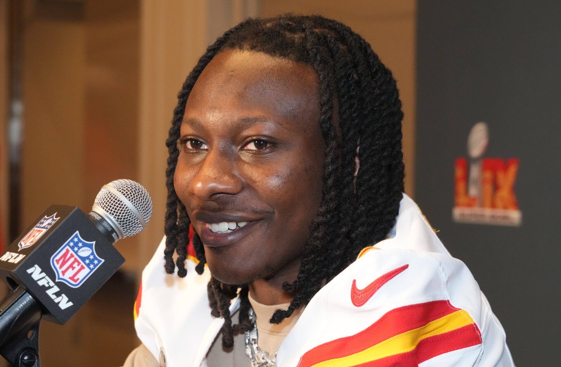 Kansas City Chiefs receiver Hollywood Brown at a press conference in advance of Super Bowl LIX at New Orleans Marriott.
