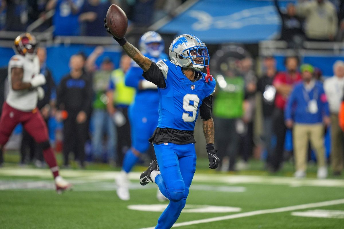 Detroit Lions wide receiver Jameson Williams celebrates as he finishes off his touchdown run on a reverse in the first half against the Washington Commanders in the NFC divisional round at Ford Field in Detroit on Saturday, Jan. 18, 2025.