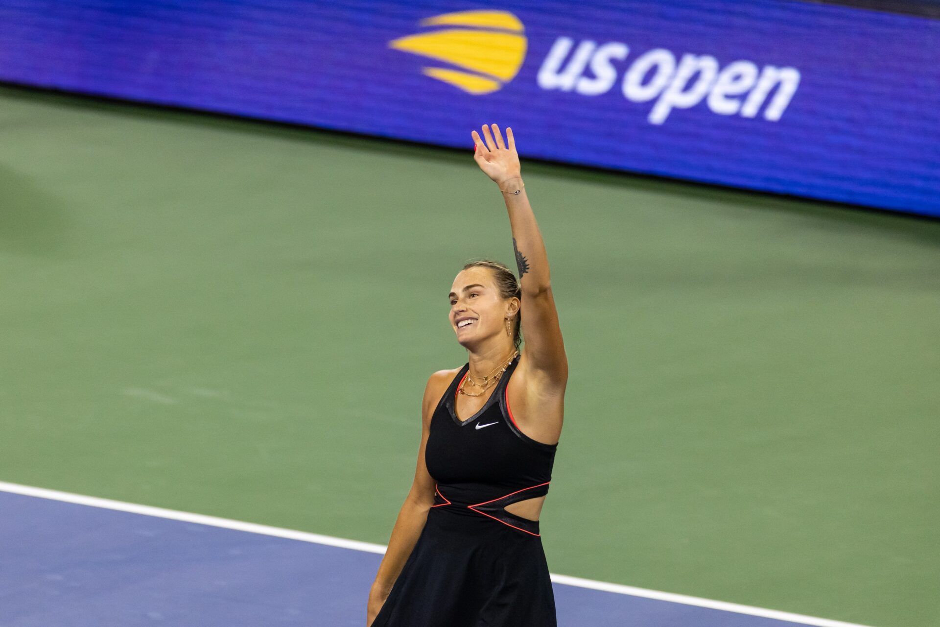 Aryna Sabalenka of Belarus celebrates her victory over Leylah Fernandez of Canada in the third round of the women’s singles at the US Open at Louis Armstrong Stadium in Billie Jean King National Tennis Center.