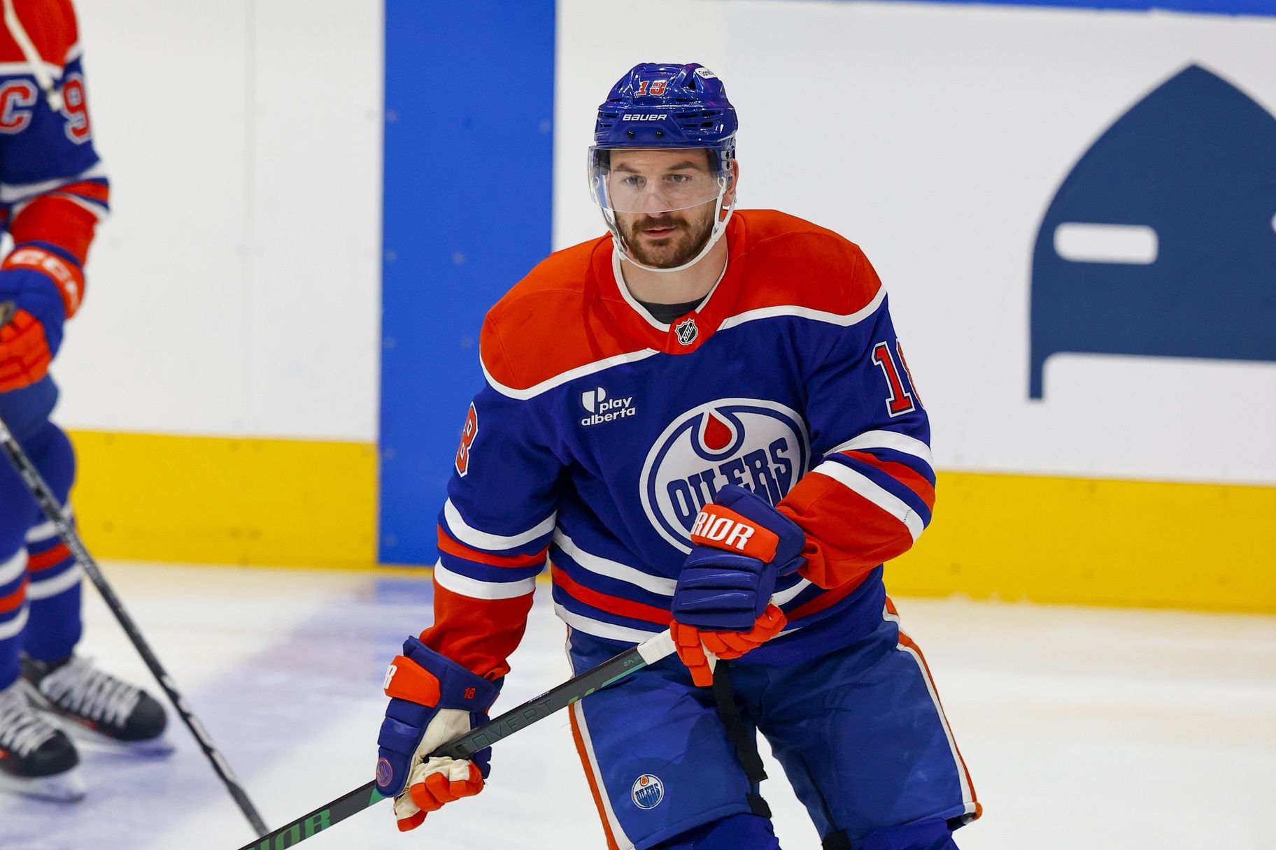 Edmonton Oilers left wing Zach Hyman (18) skates in warmup prior to the game against the Dallas Stars in game four of the Western Conference Final of the 2025 Stanley Cup Playoffs at Rogers Place. Hyman leaves game in first period and will not return.