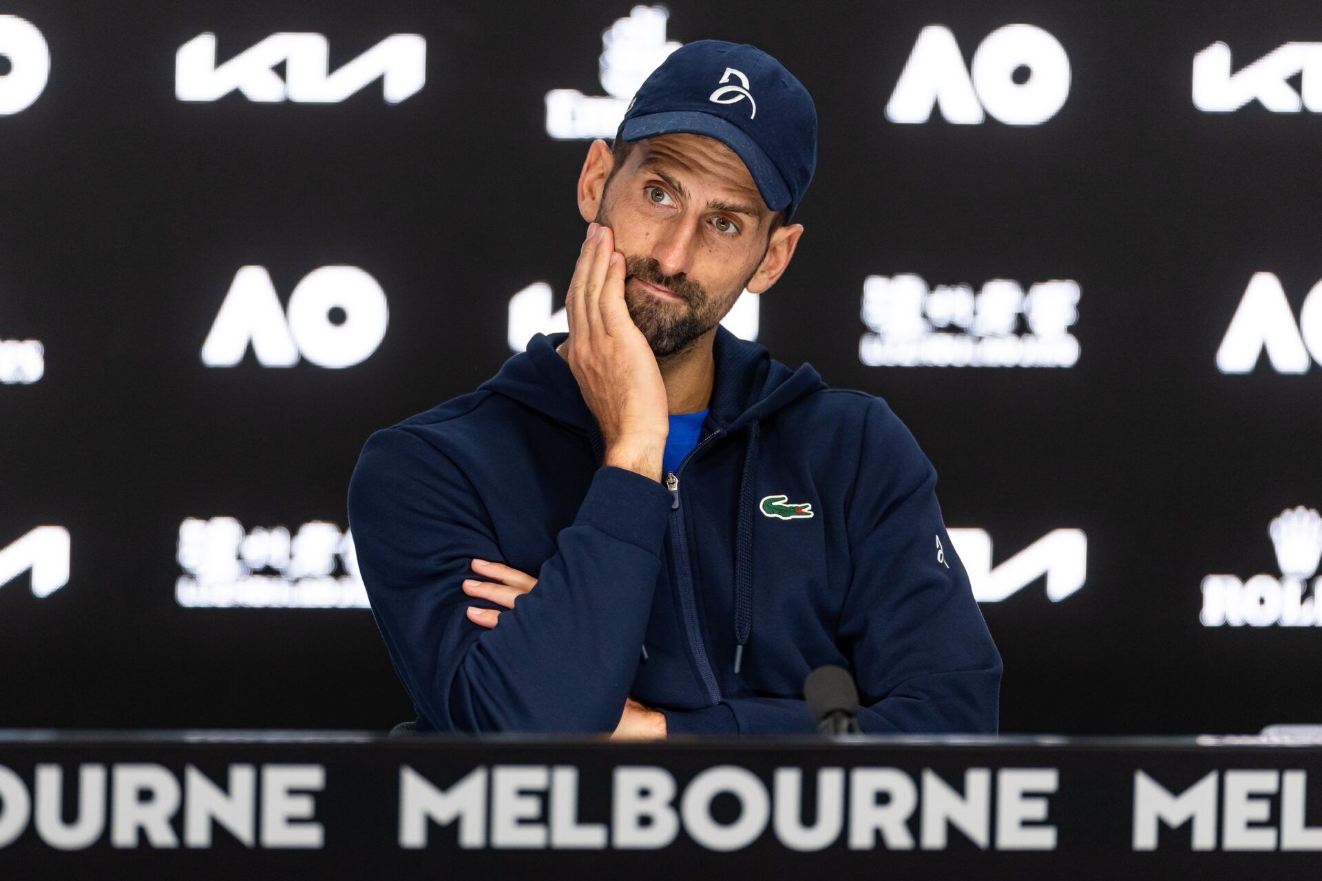 Novak Djokovic of Serbia interview after his match against Alexander Zverev of Germany in the semifinals of the men's singles at the 2025 Australian Open at Melbourne Park.