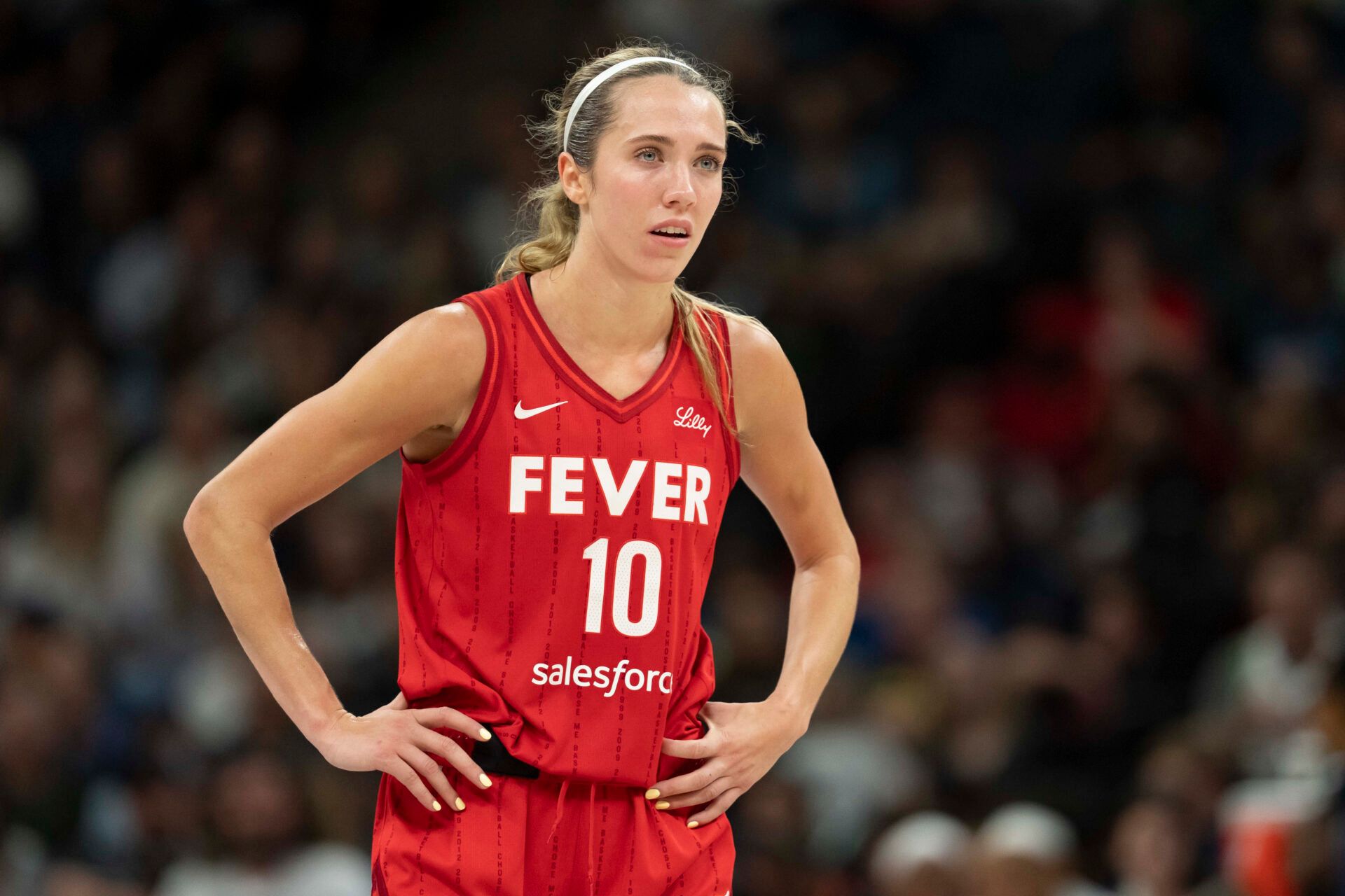 Indiana Fever guard Lexie Hull (10) looks on against the Minnesota Lynx in the second half at Target Center.