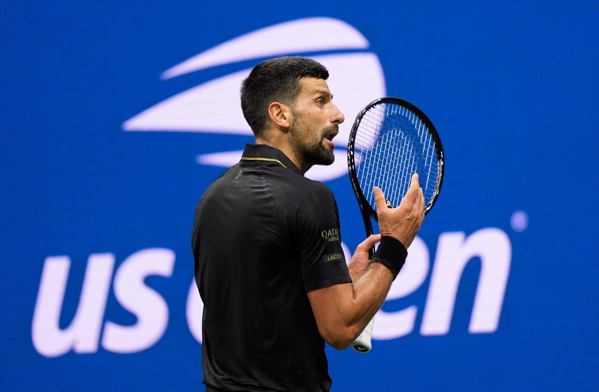 Novak Djokovic (SRB) after a miss to Cameron Norrie (GBR) (not pictured) on day six of the 2025 U.S. Open tennis tournament at the USTA Billie Jean King National Tennis Center.