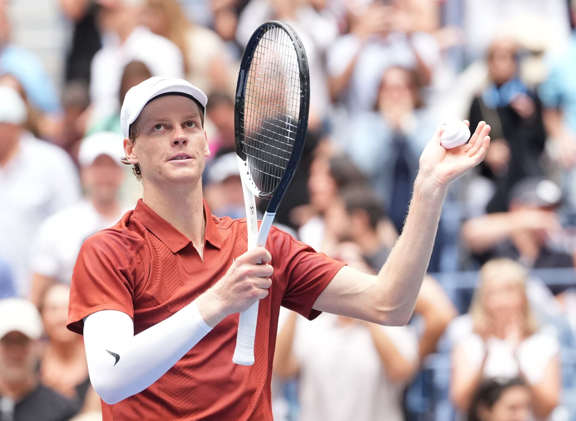 Jannik Sinner (ITA) reacts after beating Alexei Popyrin (AUS) (not pictured) on day five of the 2025 U.S. Open tennis tournament at the USTA Billie Jean King National Tennis Center.