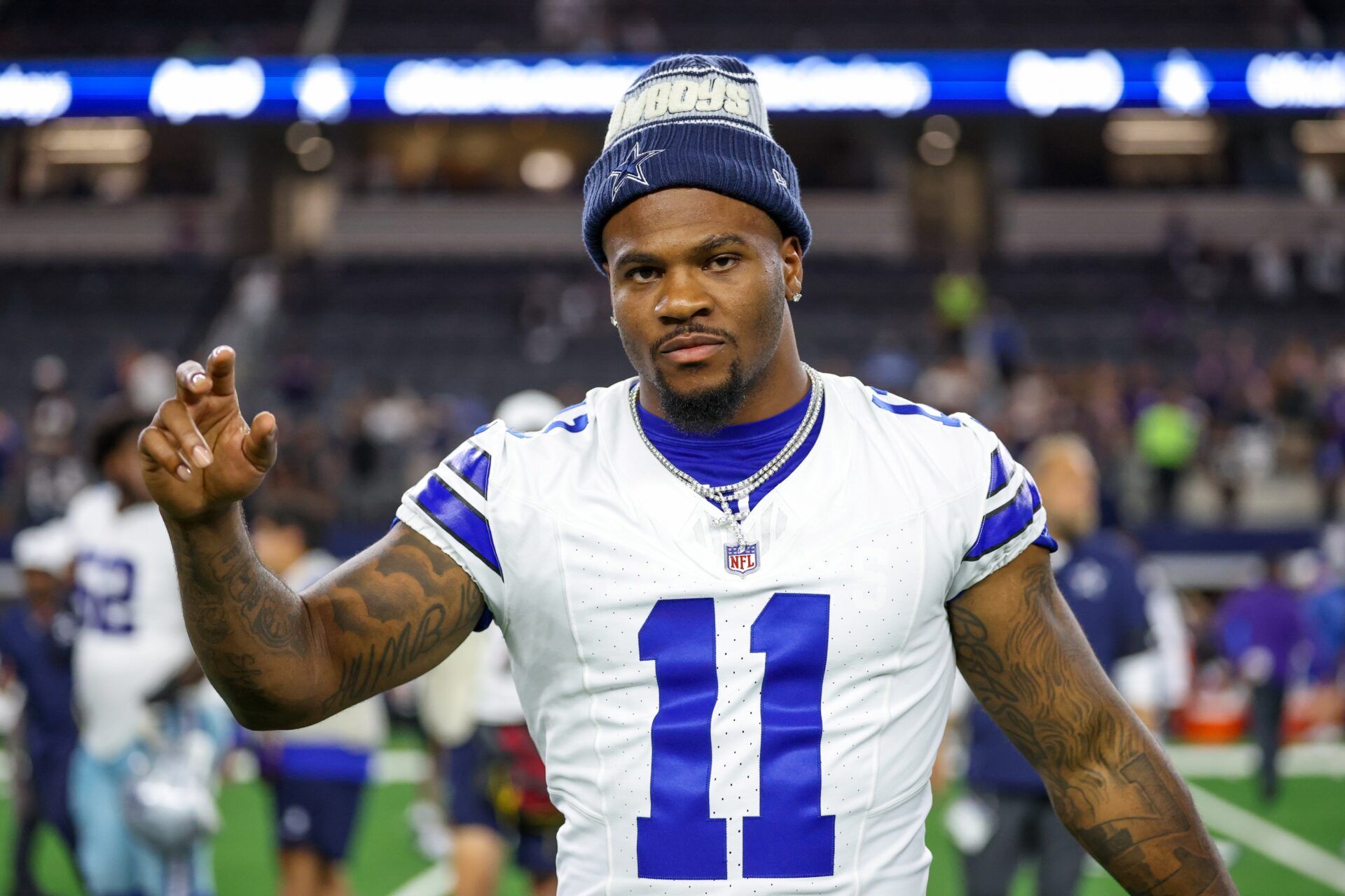 Dallas Cowboys defensive end Micah Parsons (11) reacts after the game against the Baltimore Ravens at AT&T Stadium.