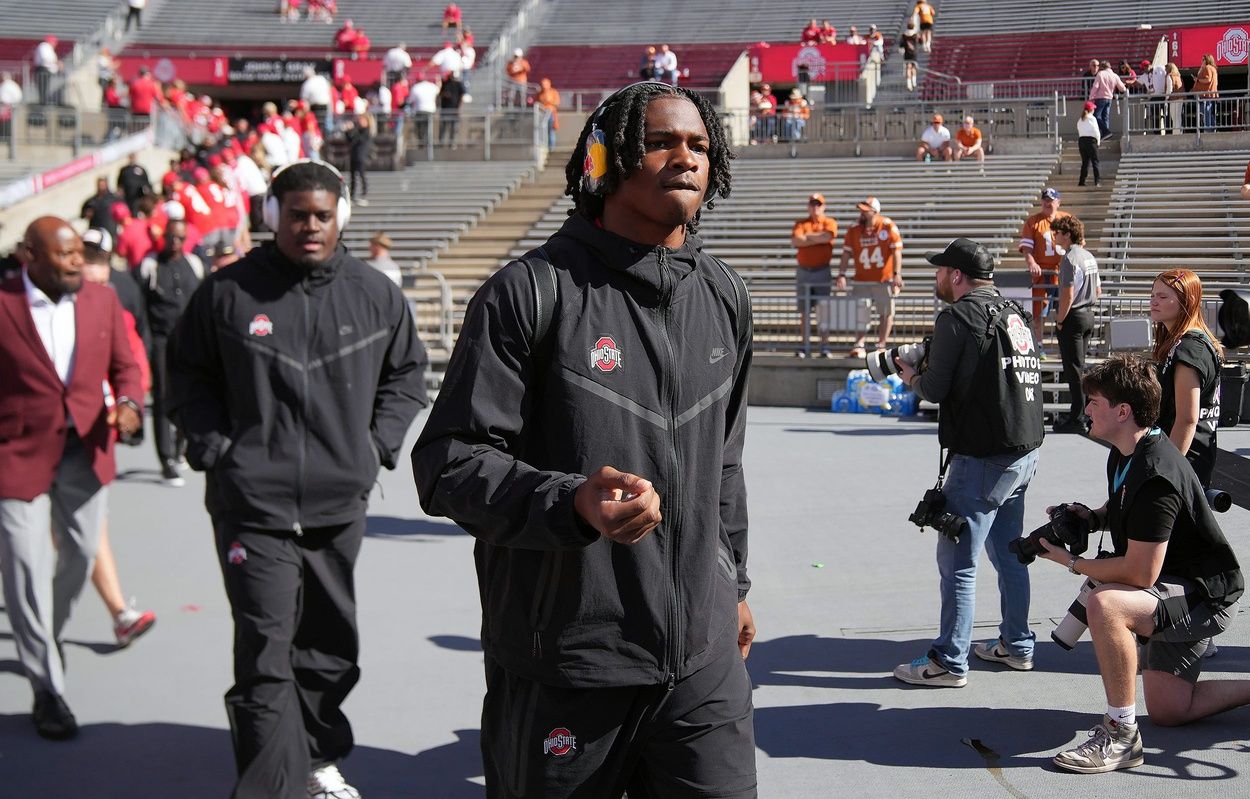 Ohio State Buckeyes wide receiver Jeremiah Smith (4) walks into Ohio Stadium before their college football game in Columbus, Ohio on Aug 30, 2025.