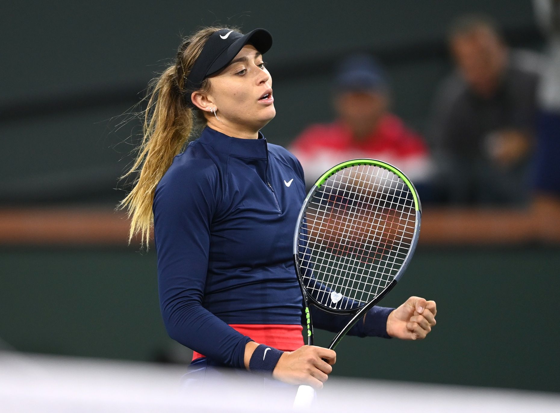 Paula Badosa (ESP) reacts as she defeats Coco Gauff (USA) in a third round match in the BNP Paribas Open at the Indian Wells Tennis Garden.