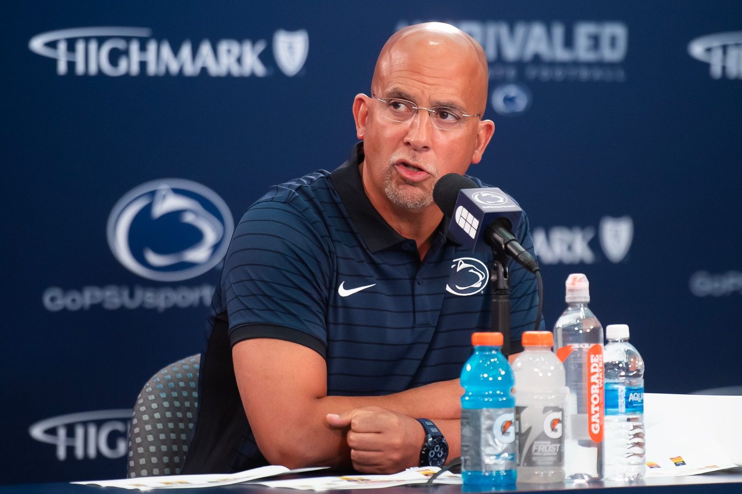 Penn State football head coach James Franklin answers a question at a press conference during football media day in Beaver Stadium on Saturday, August 2, 2025, in State College.