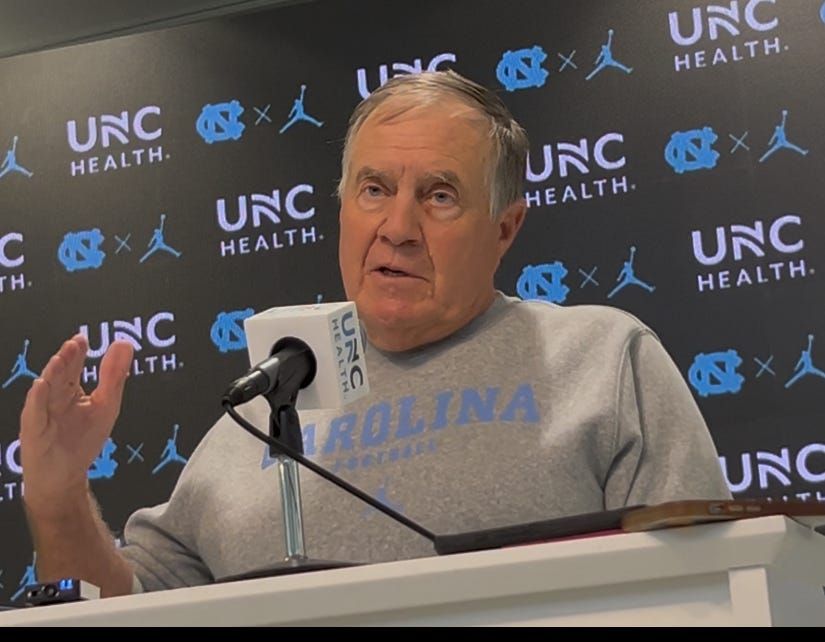 UNC football coach Bill Belichick during a preseason press conference on Aug. 6, 2025, inside the Kenan Football Center.
