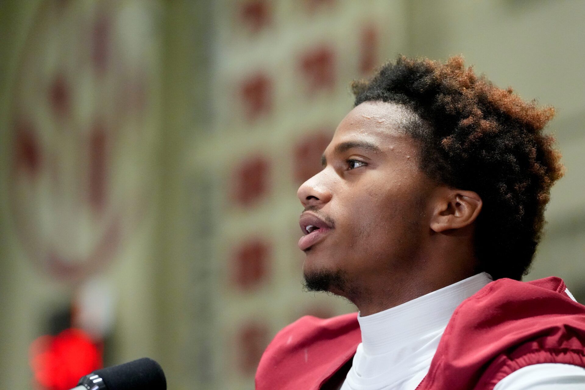 Aug. 4, 2025; Tuscaloosa, AL, USA; Alabama Crimson Tide players and coaches participate in a media day with reporters and fans at the Hank Crisp Indoor Practice Facility. Wide Receiver Ryan Williams speaks to members of the media.