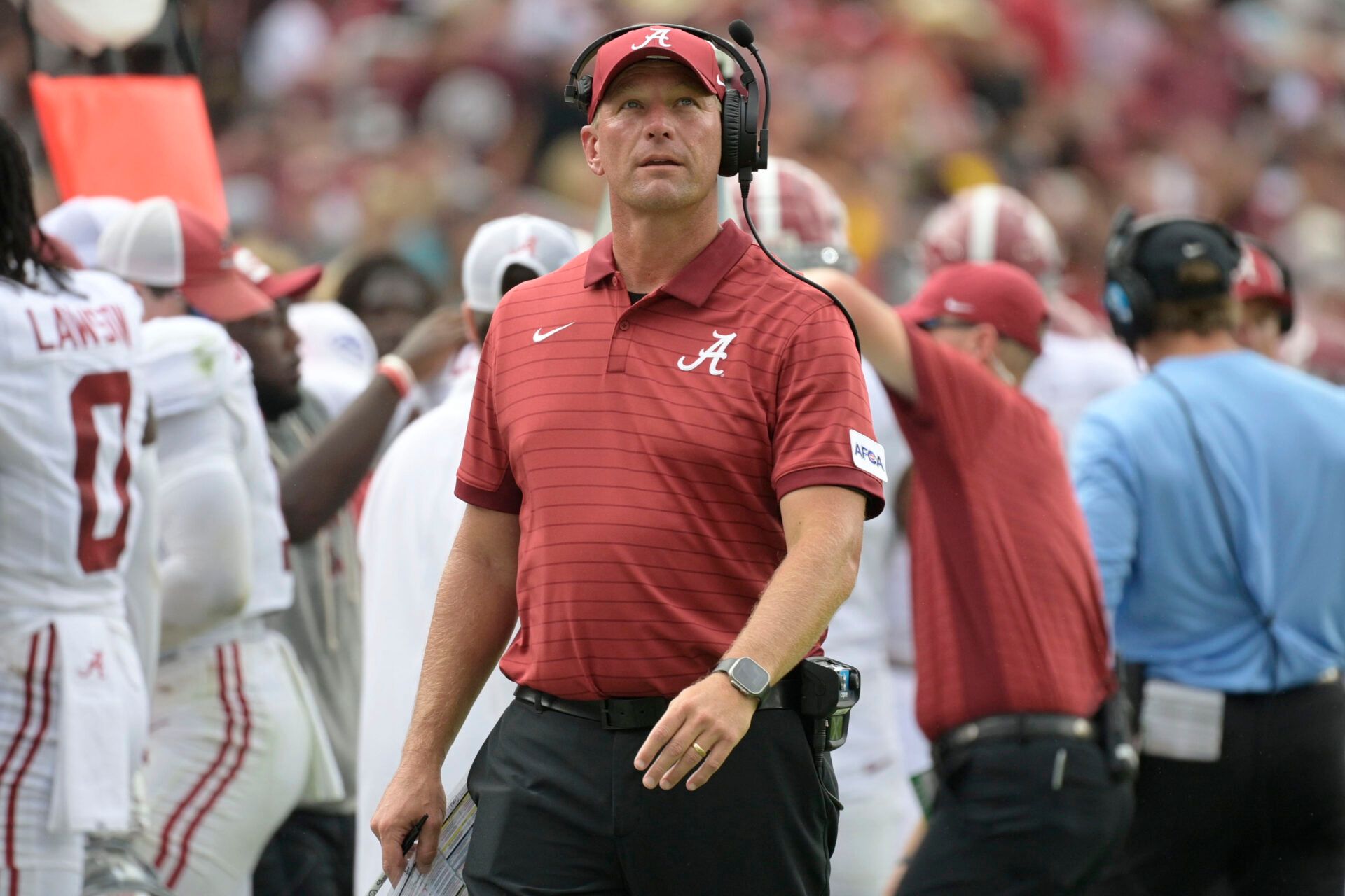Alabama Crimson Tide head coach Kalen DeBoer looks on against the Florida State Seminoles during the second half at Doak S. Campbell Stadium.
