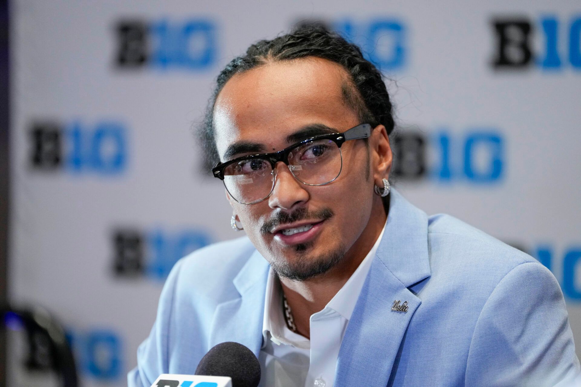 UCLA quarterback Nico Iamaleava speaks to the media during the Big Ten NCAA college football media days at Mandalay Bay Resort.
