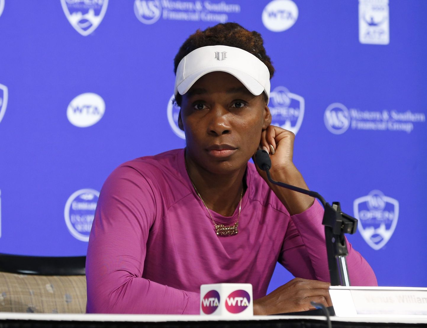 Venus Williams (USA) answers questions from the media after withdrawing on day four during the Western and Southern Open tennis tournament at Linder Family Tennis Center.
