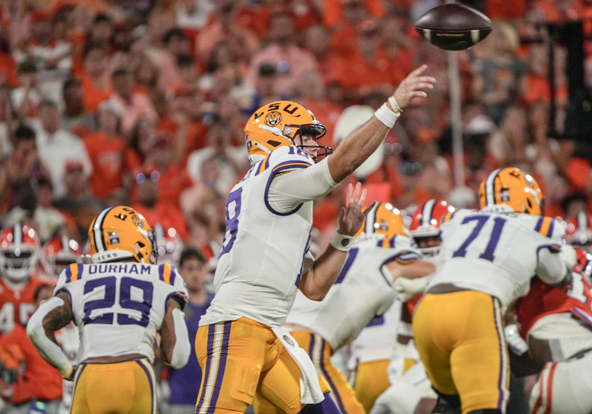 Louisiana State University quarterback Garrett Nussmeier (18) passes the ball during the first quarter at Memorial Stadium in Clemson, S.C. Saturday, August 31, 2025.