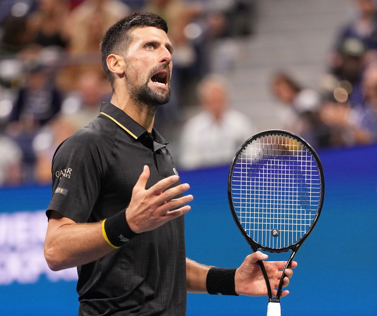 Novak Djokovic (SRB) after a miss to Cameron Norrie (GBR) (not pictured) on day six of the 2025 U.S. Open tennis tournament at the USTA Billie Jean King National Tennis Center.