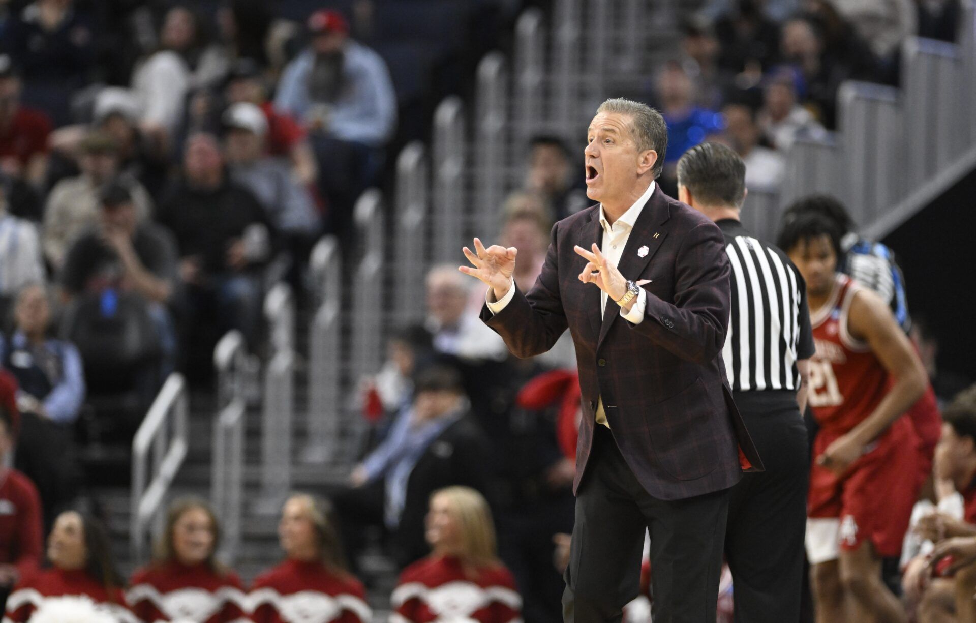 Arkansas Razorbacks head coach John Calipari directs a play downcourt during the second half against the Texas Tech Red Raiders during a West Regional semifinal of the 2025 NCAA tournament at Chase Center.