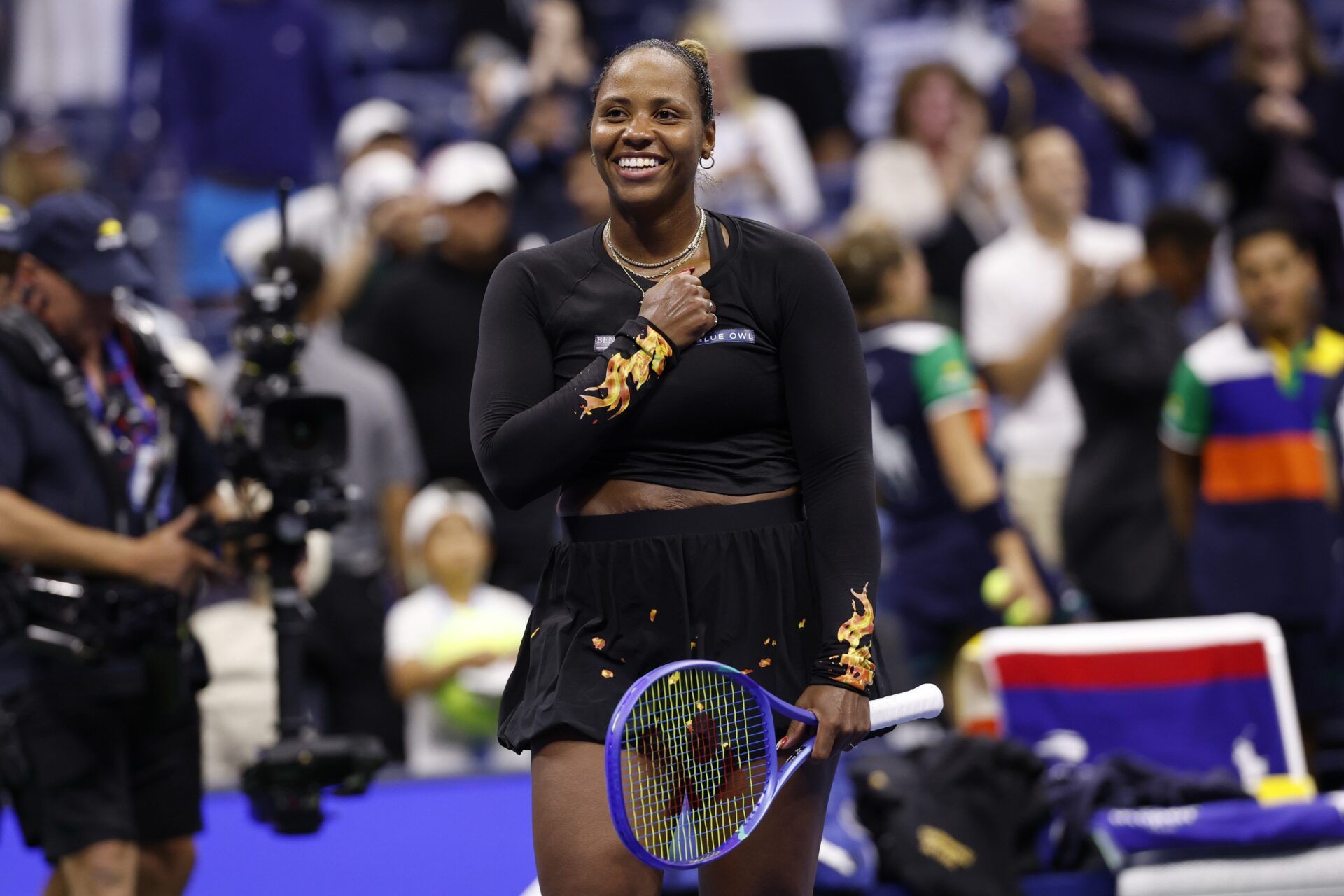 Taylor Townsend (USA) celebrates after her match against Mirra Andreeva (not pictured) on day six of the 2025 US Open tennis tournament at Billie Jean King USTA National Tennis Center.