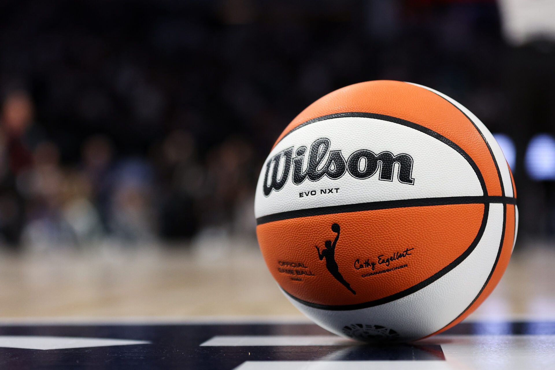A detailed view of the ball during the second half of game five of the 2024 WNBA playoffs between the Minnesota Lynx and the Connecticut Sun at Target Center.