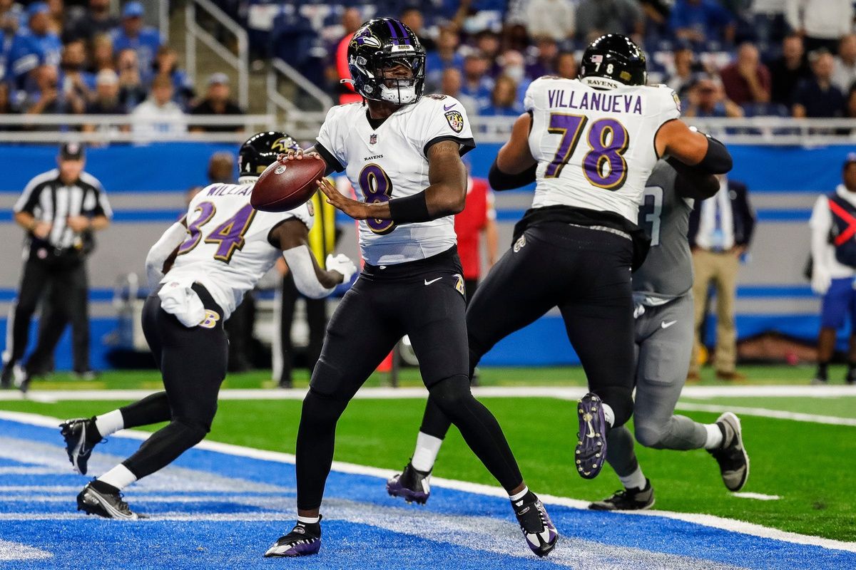 Baltimore Ravens quarterback Lamar Jackson makes a pass against the Detroit Lions during the first half at Ford Field in Detroit on Sunday, Sept. 26, 2021.