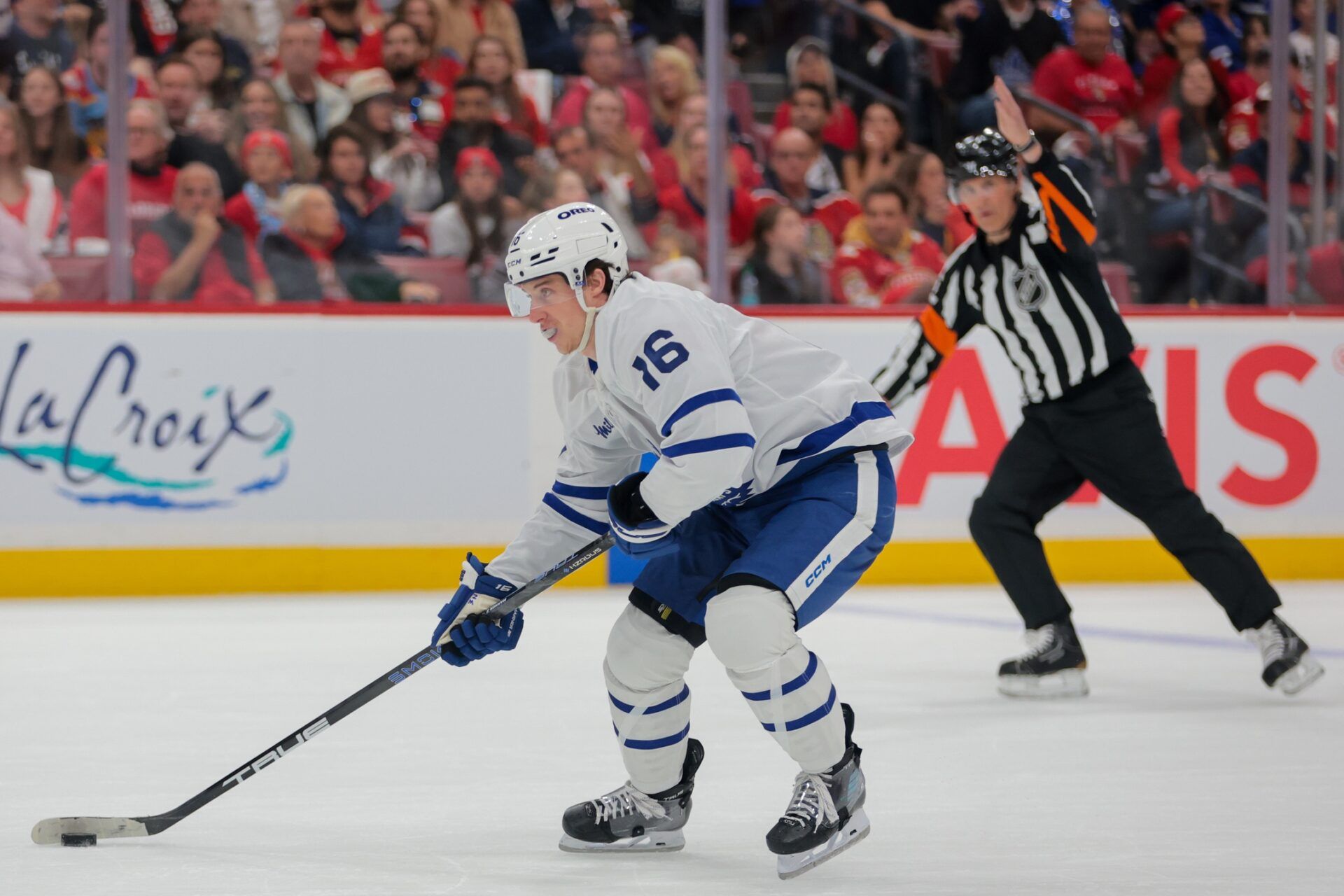 Toronto Maple Leafs right wing Mitch Marner (16) moves the puck against the Florida Panthers during the first period in game three of the second round of the 2025 Stanley Cup Playoffs at Amerant Bank Arena.