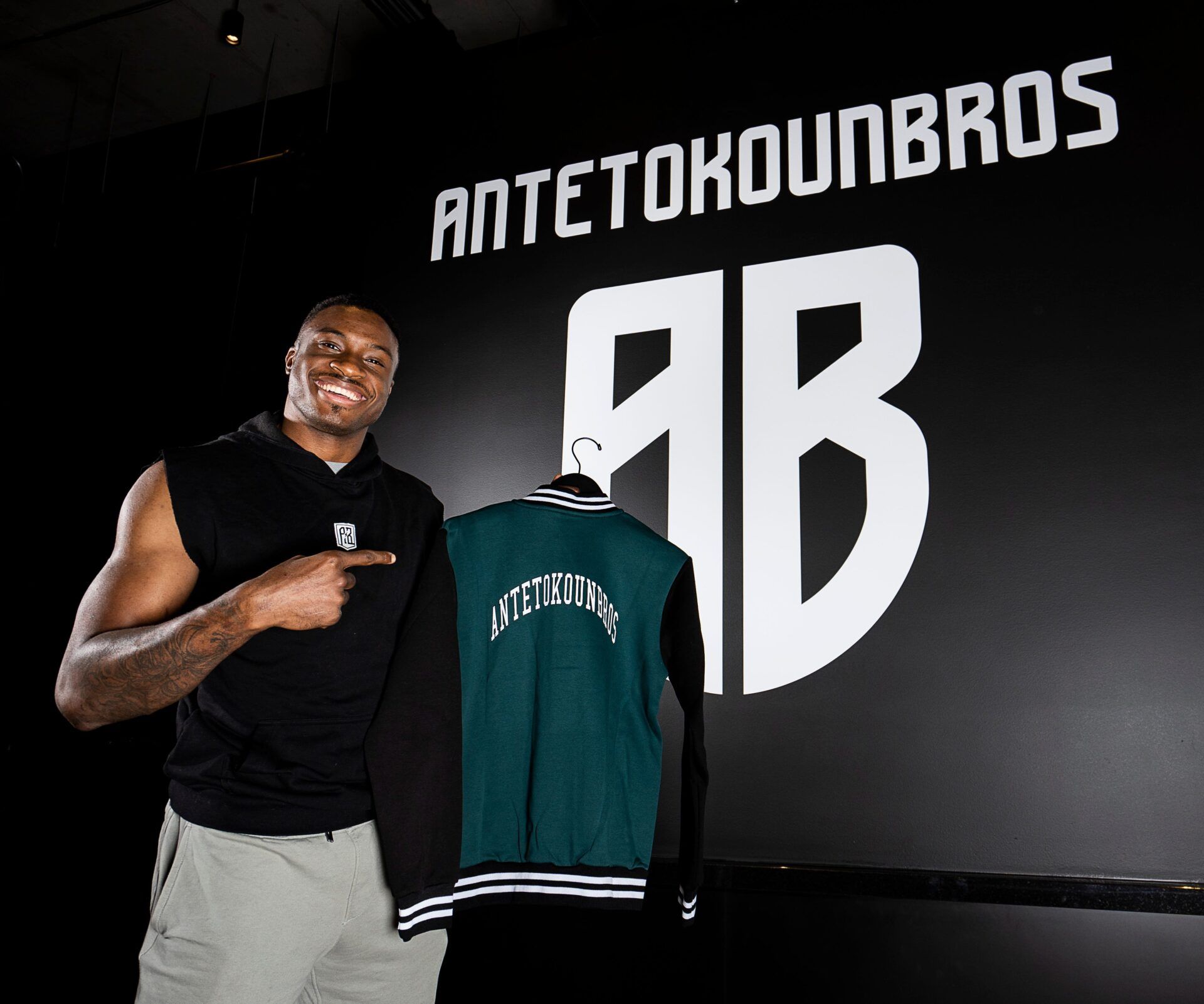 Thanasis Antetokounmpo poses for a portrait with an AntetokounBros jacket as the Antetokounmpo brothers, Francis, Thanasis, Giannis, Kostas and Alex Antetokounmpo, prepare to open the first brick and mortar AntetokounBros Shop in the United States on Friday October 6, 2023 in Milwaukee, Wis.