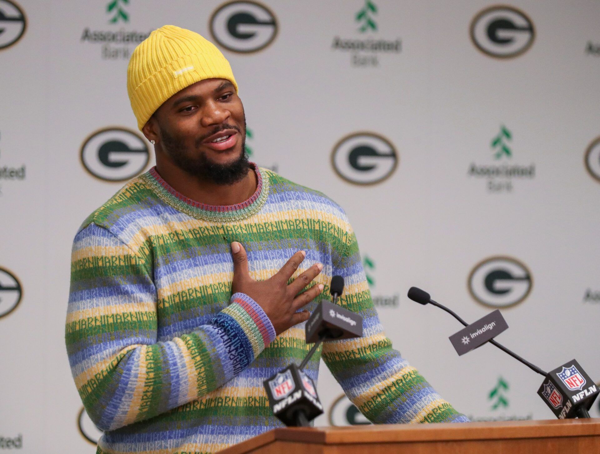 Green Bay Packers edge rusher Micah Parsons speaks during an introductory press conference on Friday, August 29, 2025, at Lambeau Field in Green Bay, Wis. The Packers made a trade with the Dallas Cowboys on Aug. 28 to acquire Parsons in exchange for defensive tackle Kenny Clark and two first round picks.
Tork Mason/USA TODAY NETWORK-Wisconsin